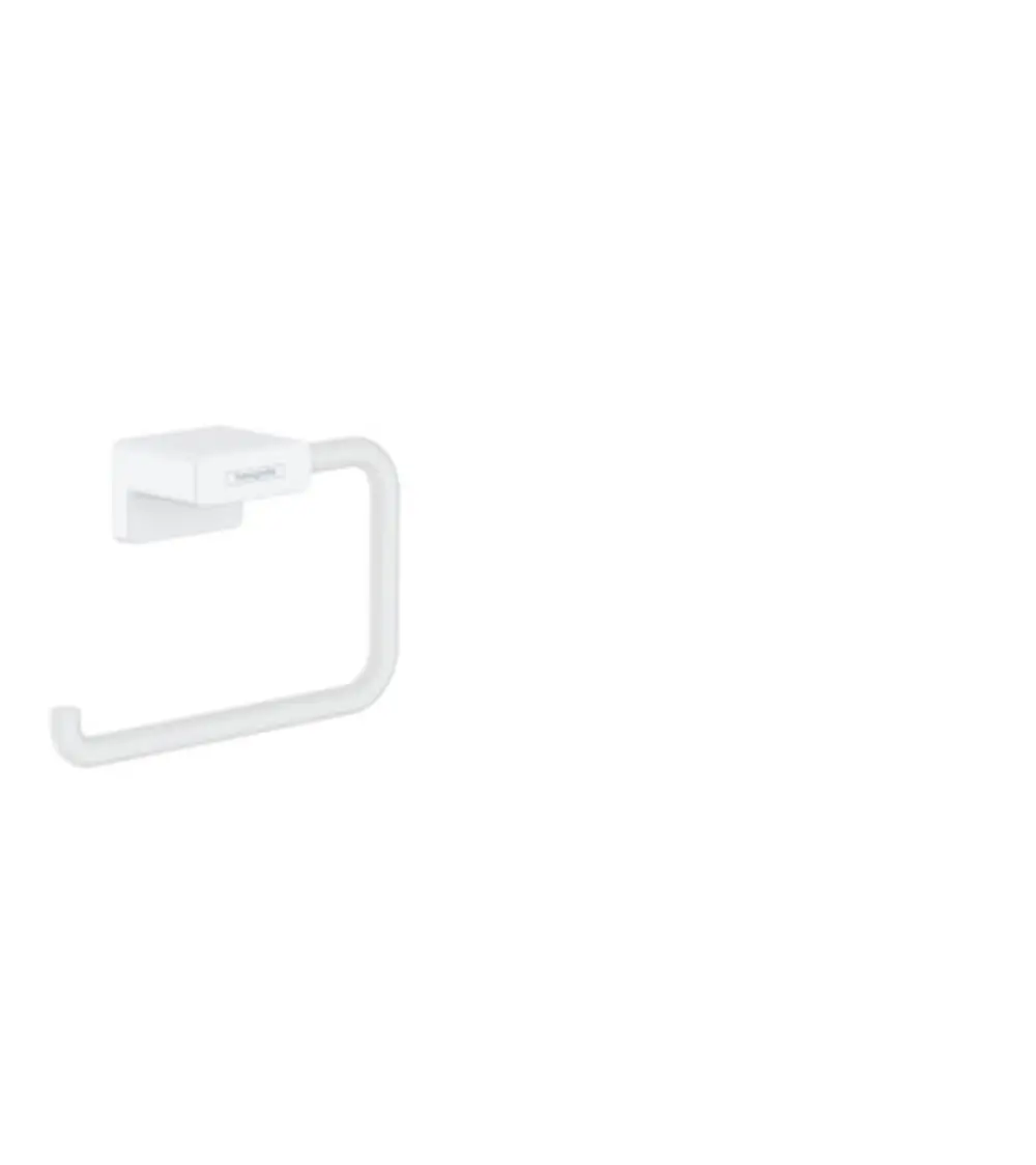 Toilettenpapierhalter in weißer Ausführung, an der Wand montiert, schlichtes Design, Hersteller Hansgrohe.